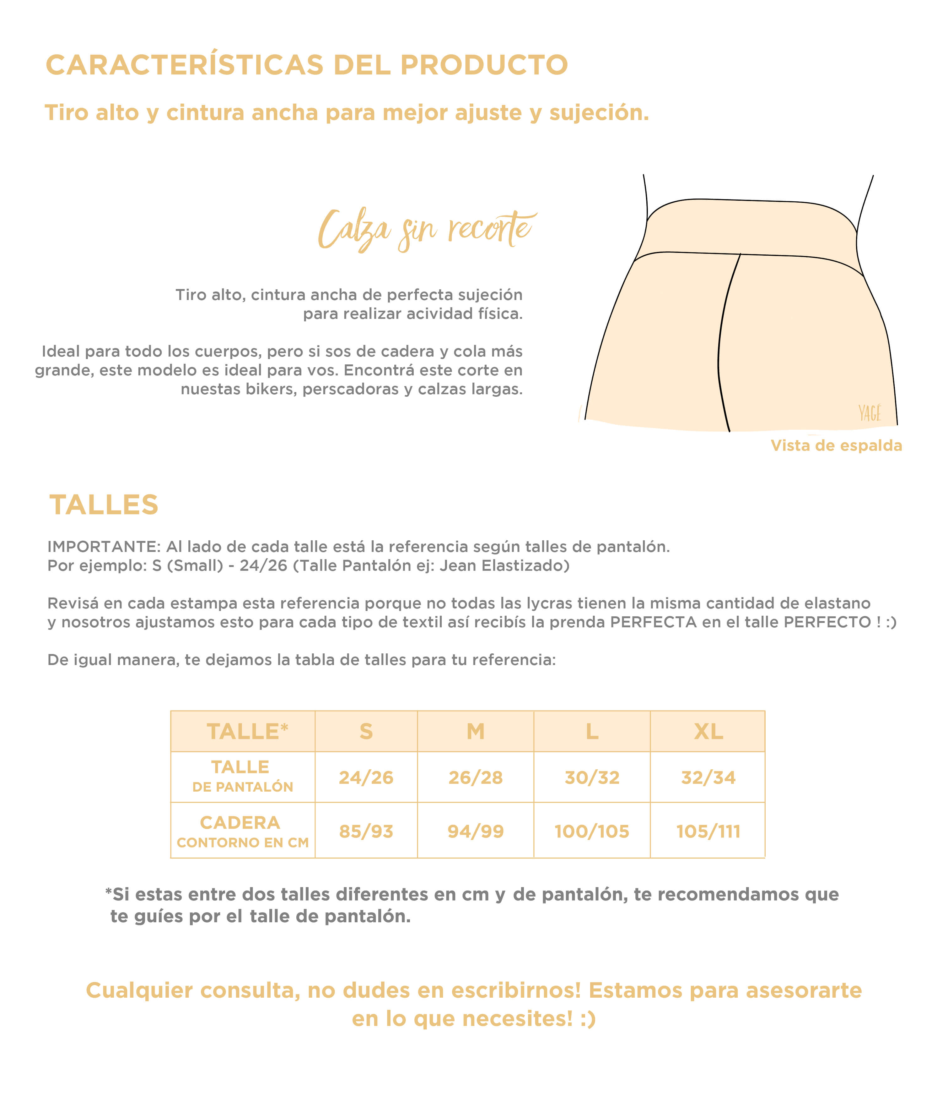 YAGÉ Calzas Cortas Shorts - Tabla de Talles - Mujer